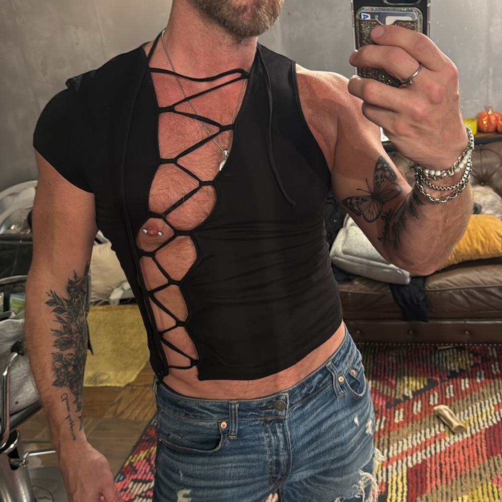 Eos size small asymmetrical lace up front T-shirt in black